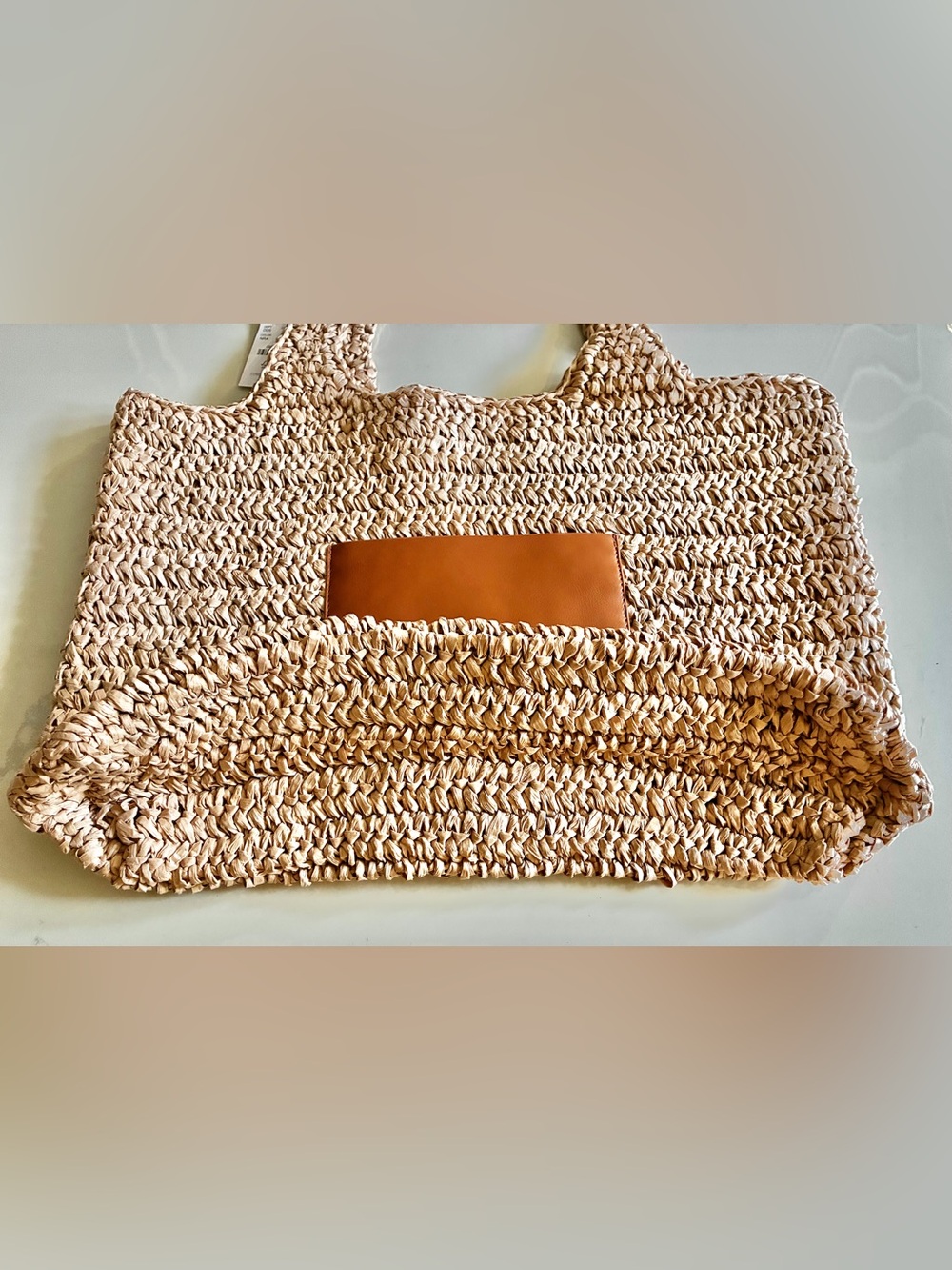 J. Crew Factory Packable straw tote bag Natural Straw Tote with Tan Patch.NWT. - Picture 5 of 16